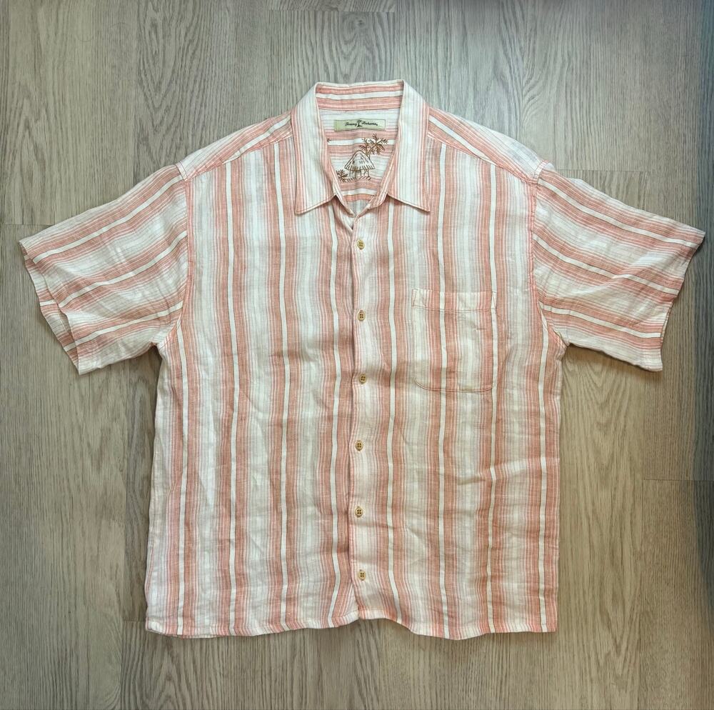 Tommy Bahama Relax Fit Striped Button‑Up Shirt – Orange Beige White – Size XL